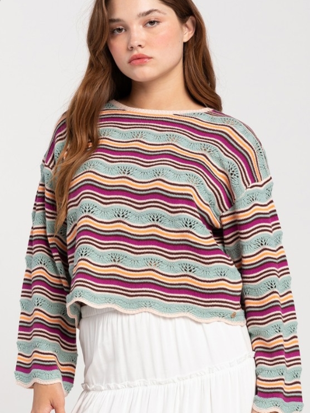 Roxy Large Salt Siren Crop Bell Sleeve Striped Knit Boho Surf Coastal Sweater